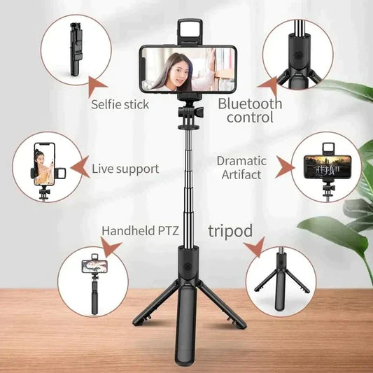 4 in 1 Folding Tripod Selfie Stick With Bluetooth Remote LED Light and Extendable Tripod Stand